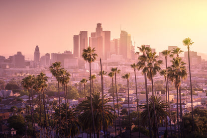 Obraz Wieloczęściowy Panorama Los Angeles – miejski zachód słońca do wnętrz nowoczesnych, industrialnych i loftowych 180x120