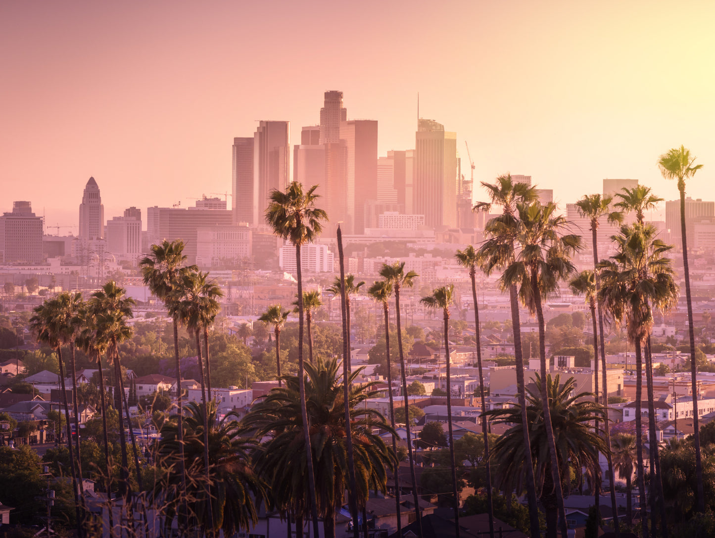 Obraz Wieloczęściowy Los Angeles O Zachodzie Słońca – miejska panorama do wnętrz nowoczesnych, industrialnych 200x150