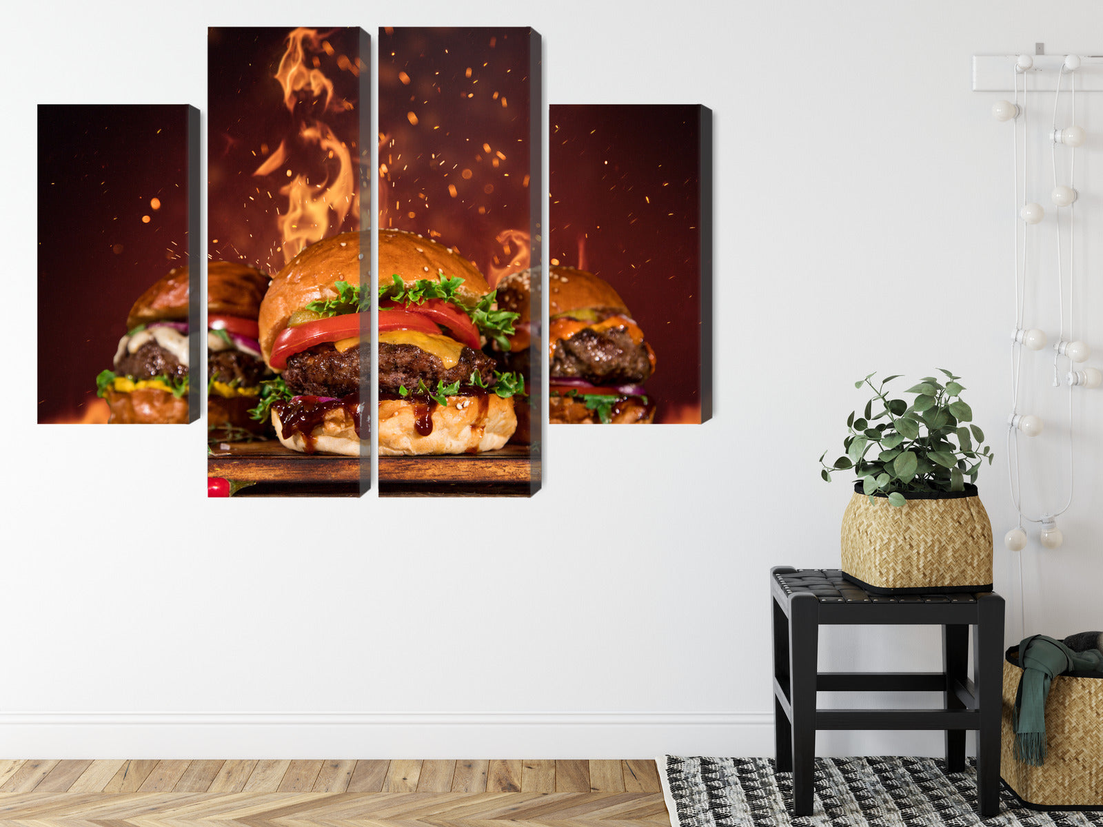 Obraz Wieloczęściowy Smaczne Hamburgery – apetyczna grafika do wnętrz nowoczesnych, loftowych i gastronomicznych – widok 7