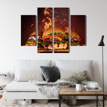 Obraz Wieloczęściowy Smaczne Hamburgery – apetyczna grafika do wnętrz nowoczesnych, loftowych i gastronomicznych – widok 3