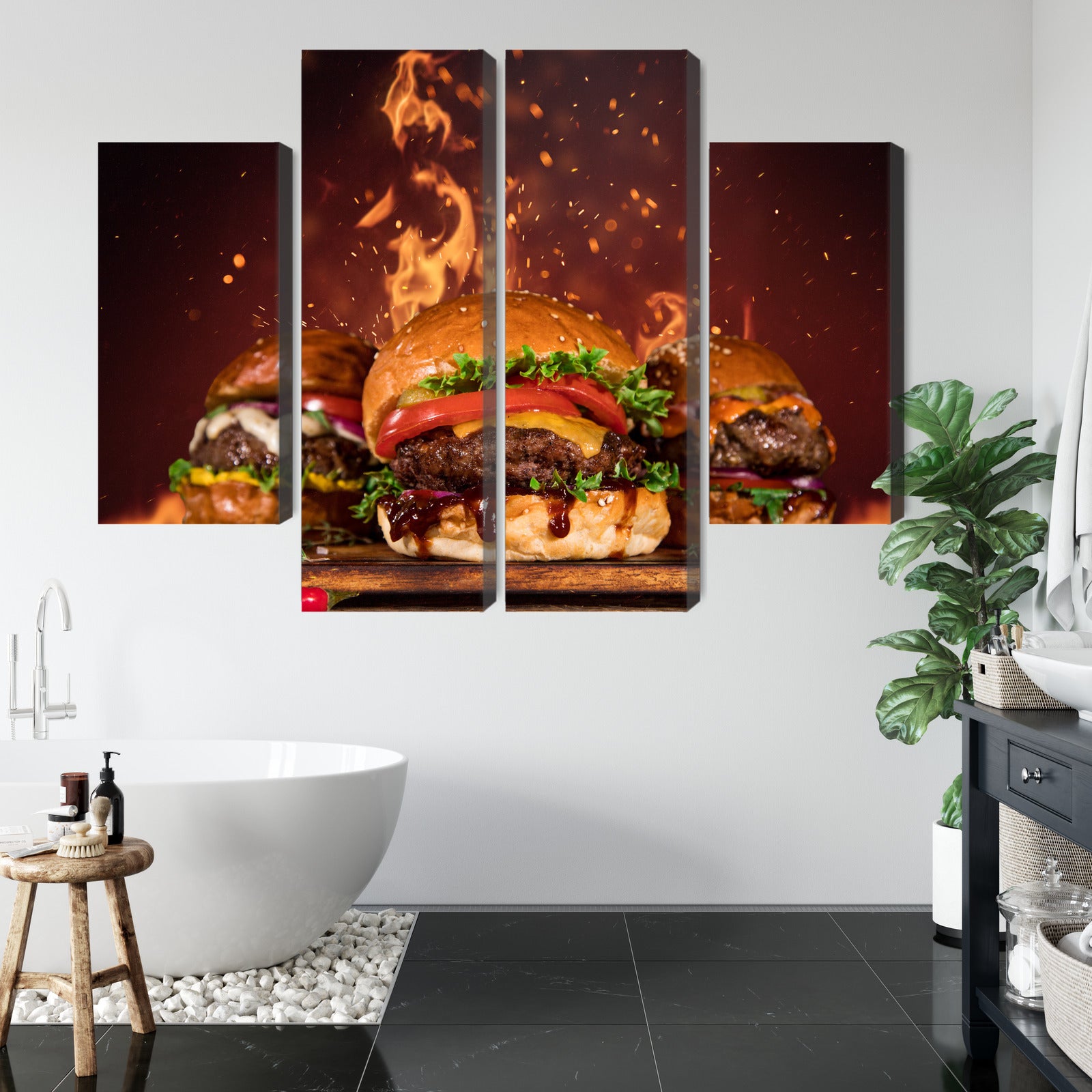 Obraz Wieloczęściowy Smaczne Hamburgery – apetyczna grafika do wnętrz nowoczesnych, loftowych i gastronomicznych – widok 4