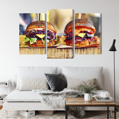 Obraz Wieloczęściowy Burgery Wegańskie – apetyczna grafika do wnętrz nowoczesnych, bistro i młodzieżowych – widok 3
