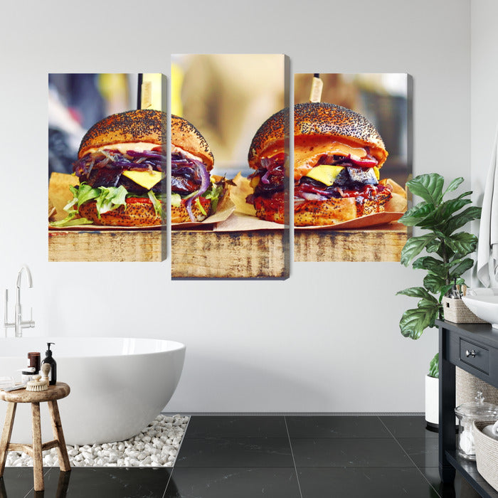 Obraz Wieloczęściowy Burgery Wegańskie – apetyczna grafika do wnętrz nowoczesnych, bistro i młodzieżowych – widok 4