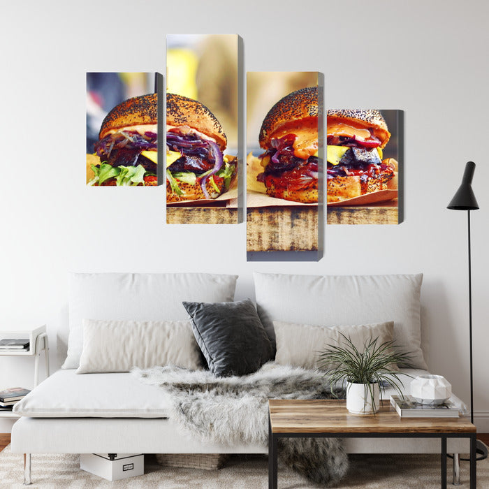 Obraz Wieloczęściowy Burgery Wegańskie – apetyczna food art do nowoczesnych i industrialnych kuchni – widok 3