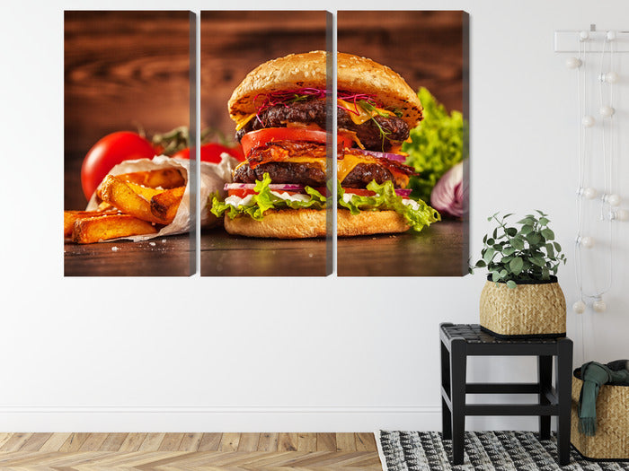 Obraz Wieloczęściowy Apetyczny Hamburger – nowoczesny pop-art do wnętrz loftowych, młodzieżowych i kuchni – widok 7
