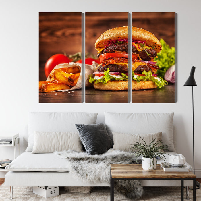 Obraz Wieloczęściowy Apetyczny Hamburger – nowoczesny pop-art do wnętrz loftowych, młodzieżowych i kuchni – widok 3