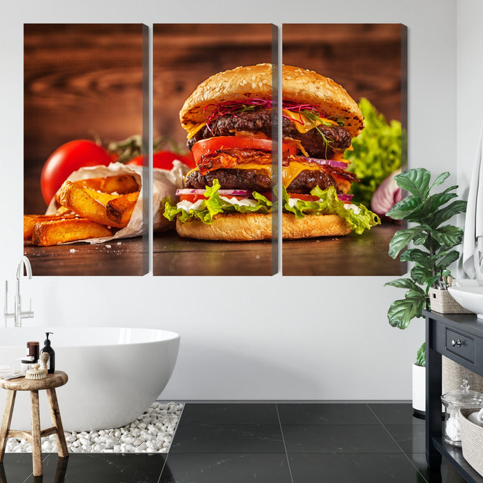 Obraz Wieloczęściowy Apetyczny Hamburger – nowoczesny pop-art do wnętrz loftowych, młodzieżowych i kuchni – widok 4