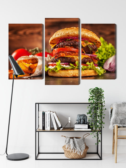 Obraz Wieloczęściowy Hamburger – apetyczna grafika do nowoczesnej kuchni i wnętrz pop-art – widok 8