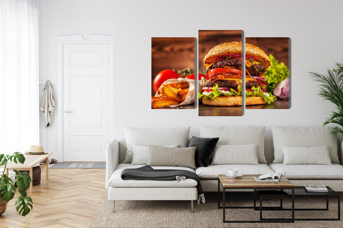 Obraz Wieloczęściowy Hamburger – apetyczna grafika do nowoczesnej kuchni i wnętrz pop-art – widok 5