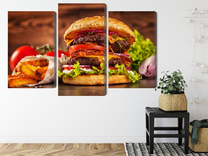Obraz Wieloczęściowy Hamburger – apetyczna grafika do nowoczesnej kuchni i wnętrz pop-art – widok 7