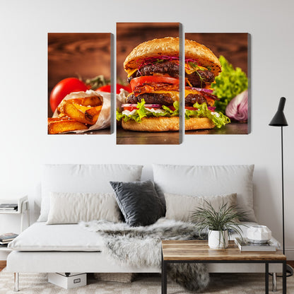 Obraz Wieloczęściowy Hamburger – apetyczna grafika do nowoczesnej kuchni i wnętrz pop-art – widok 3