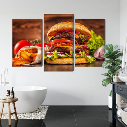 Obraz Wieloczęściowy Hamburger – apetyczna grafika do nowoczesnej kuchni i wnętrz pop-art – widok 4