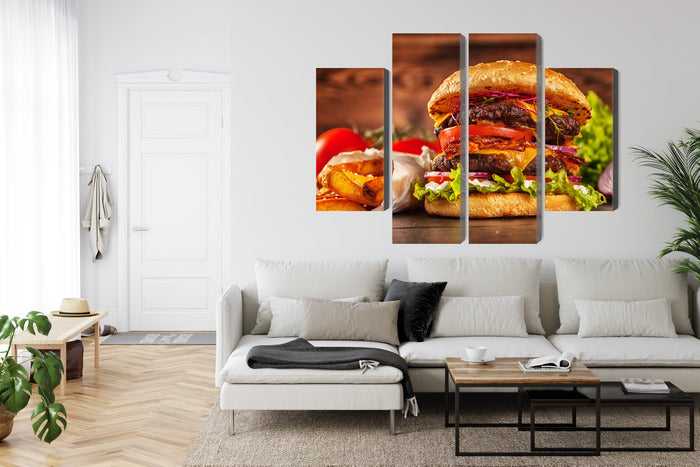 Obraz Wieloczęściowy Hamburger – apetyczny akcent do wnętrz nowoczesnych, loftowych i kulinarnych – widok 5