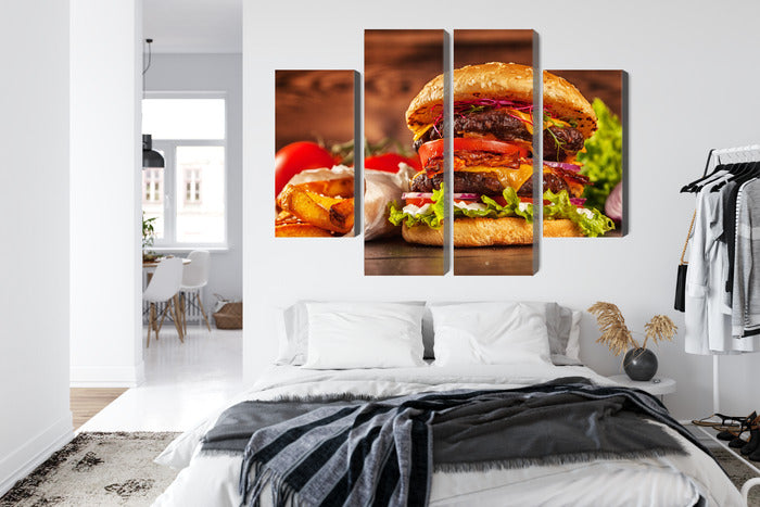 Obraz Wieloczęściowy Hamburger – apetyczny akcent do wnętrz nowoczesnych, loftowych i kulinarnych – widok 6