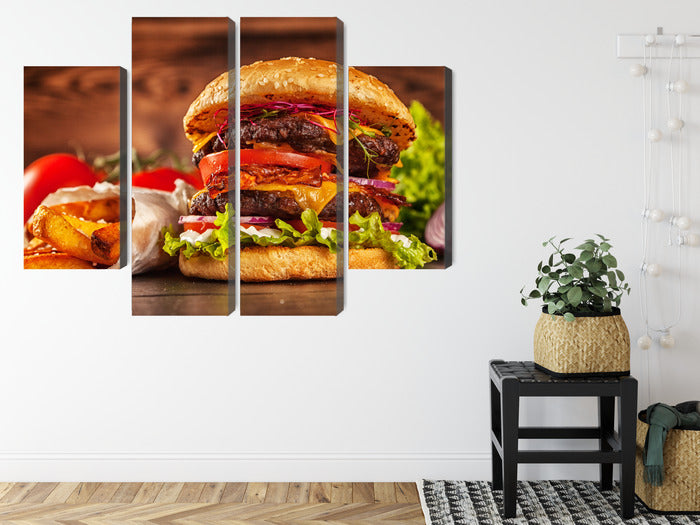 Obraz Wieloczęściowy Hamburger – apetyczny akcent do wnętrz nowoczesnych, loftowych i kulinarnych – widok 7