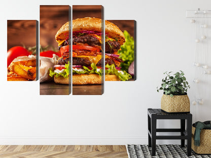 Obraz Wieloczęściowy Hamburger – apetyczny akcent do wnętrz nowoczesnych, loftowych i kulinarnych – widok 7
