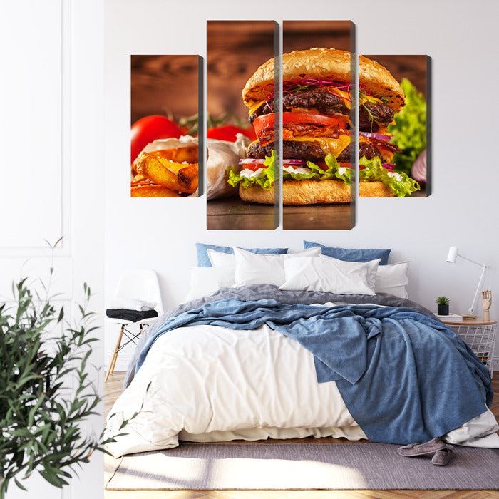 Obraz Wieloczęściowy Hamburger – apetyczny akcent do wnętrz nowoczesnych, loftowych i kulinarnych – widok 2