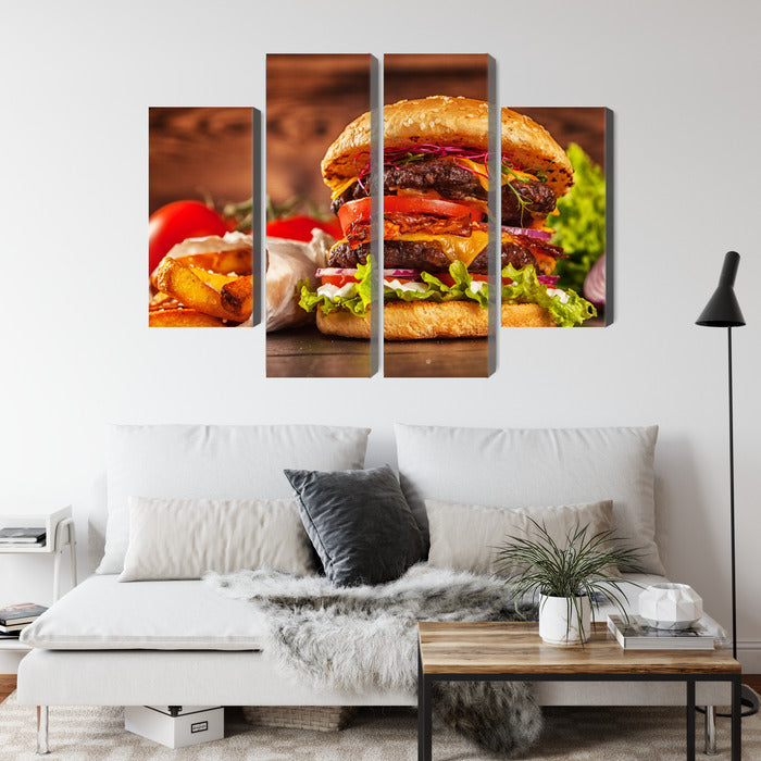 Obraz Wieloczęściowy Hamburger – apetyczny akcent do wnętrz nowoczesnych, loftowych i kulinarnych – widok 3