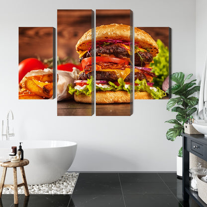 Obraz Wieloczęściowy Hamburger – apetyczny akcent do wnętrz nowoczesnych, loftowych i kulinarnych – widok 4