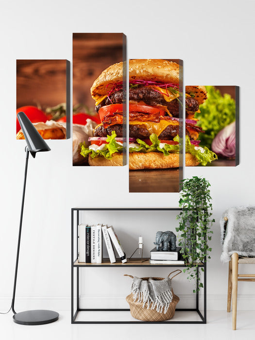 Obraz Wieloczęściowy Hamburger – apetyczna fotografia do wnętrz nowoczesnych, industrialnych i kuchni – widok 8