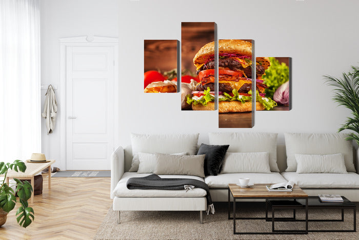 Obraz Wieloczęściowy Hamburger – apetyczna fotografia do wnętrz nowoczesnych, industrialnych i kuchni – widok 5