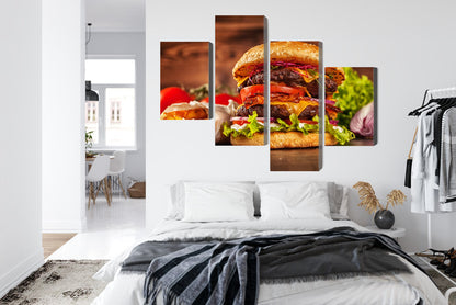 Obraz Wieloczęściowy Hamburger – apetyczna fotografia do wnętrz nowoczesnych, industrialnych i kuchni – widok 6