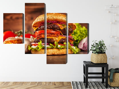 Obraz Wieloczęściowy Hamburger – apetyczna fotografia do wnętrz nowoczesnych, industrialnych i kuchni – widok 7