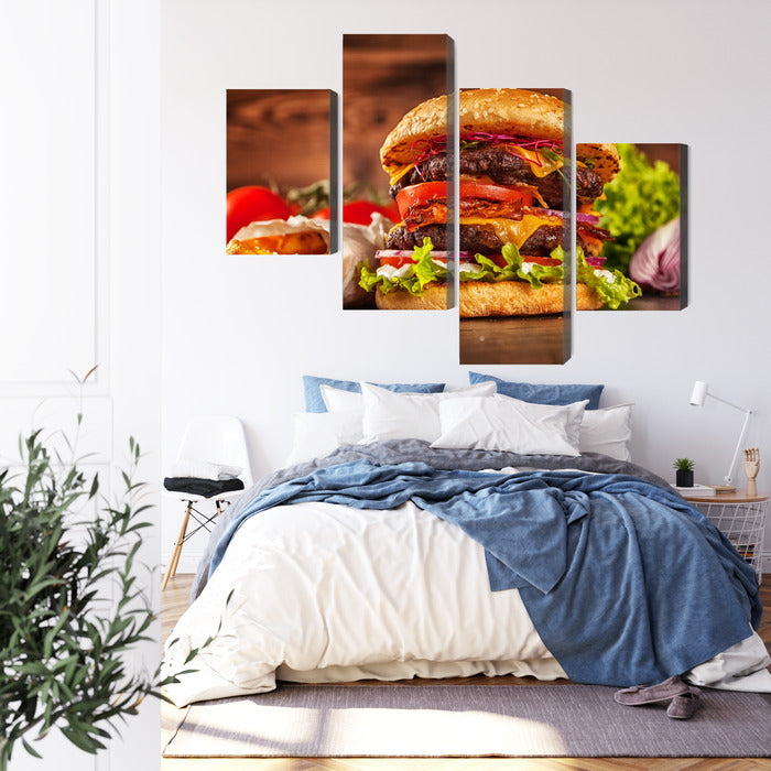 Obraz Wieloczęściowy Hamburger – apetyczna fotografia do wnętrz nowoczesnych, industrialnych i kuchni – widok 2