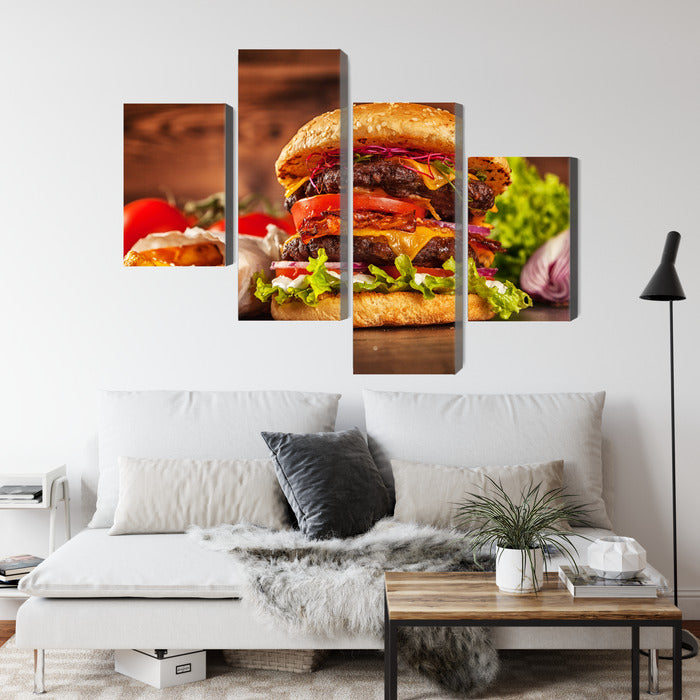 Obraz Wieloczęściowy Hamburger – apetyczna fotografia do wnętrz nowoczesnych, industrialnych i kuchni – widok 3