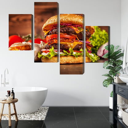 Obraz Wieloczęściowy Hamburger – apetyczna fotografia do wnętrz nowoczesnych, industrialnych i kuchni – widok 4