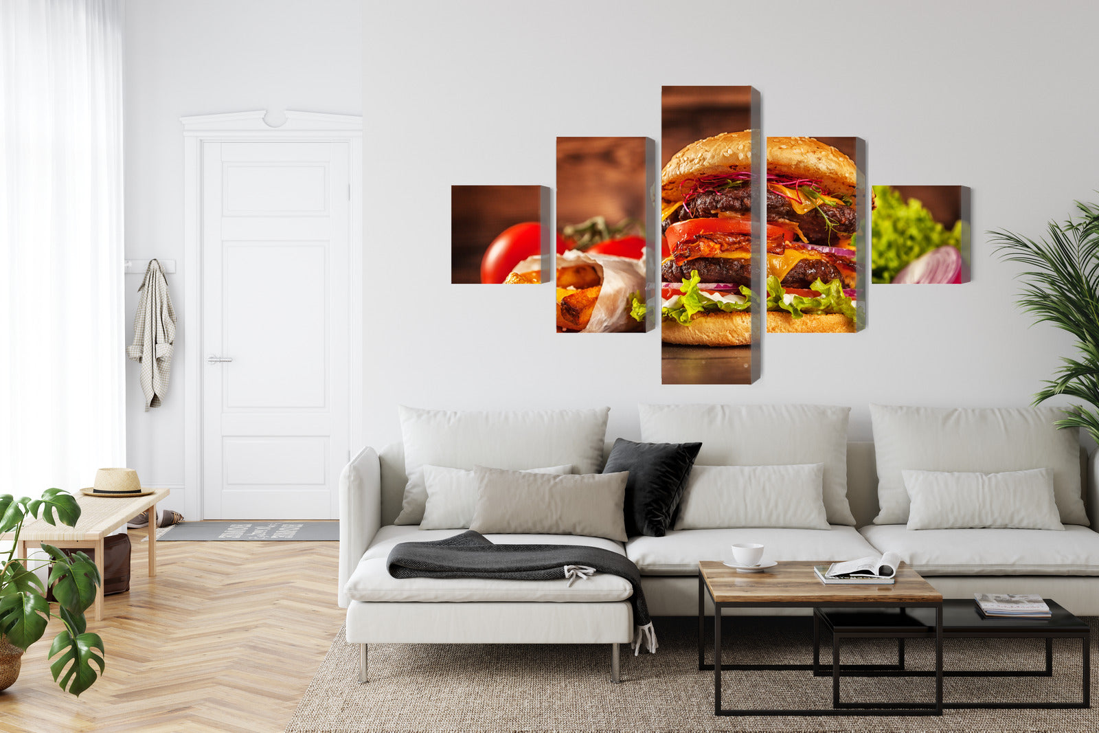 Obraz Wieloczęściowy Domowy Hamburger – nowoczesna, apetyczna dekoracja do wnętrz loftowych i kawiarnianych – widok 5