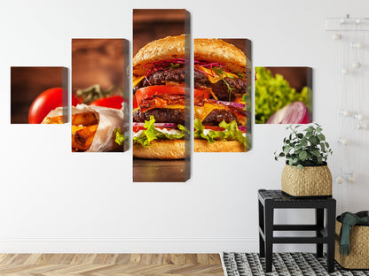 Obraz Wieloczęściowy Domowy Hamburger – nowoczesna, apetyczna dekoracja do wnętrz loftowych i kawiarnianych – widok 7