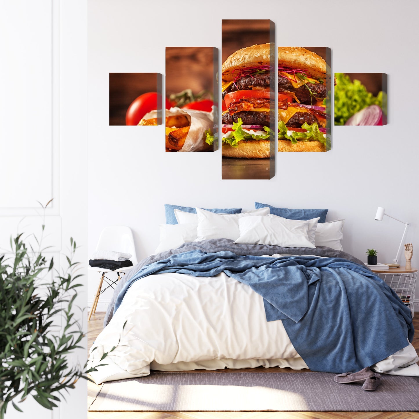 Obraz Wieloczęściowy Domowy Hamburger – nowoczesna, apetyczna dekoracja do wnętrz loftowych i kawiarnianych – widok 2