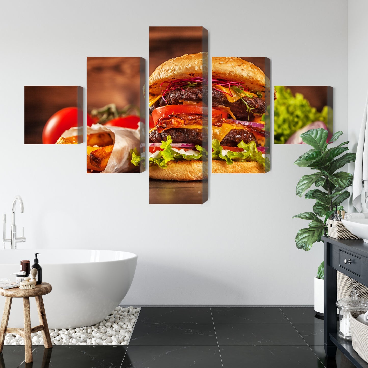 Obraz Wieloczęściowy Domowy Hamburger – nowoczesna, apetyczna dekoracja do wnętrz loftowych i kawiarnianych – widok 4