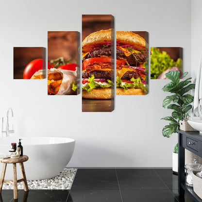 Obraz Wieloczęściowy Domowy Hamburger – nowoczesna, apetyczna dekoracja do wnętrz loftowych i kawiarnianych – widok 4