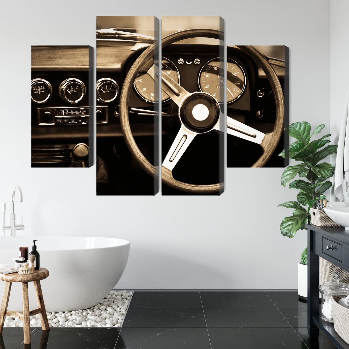 Obraz Wieloczęściowy Deska Rozdzielcza Klasycznego Auta – elegancki akcent retro do wnętrz industrialnych, vintage i gabinetowych – widok 4