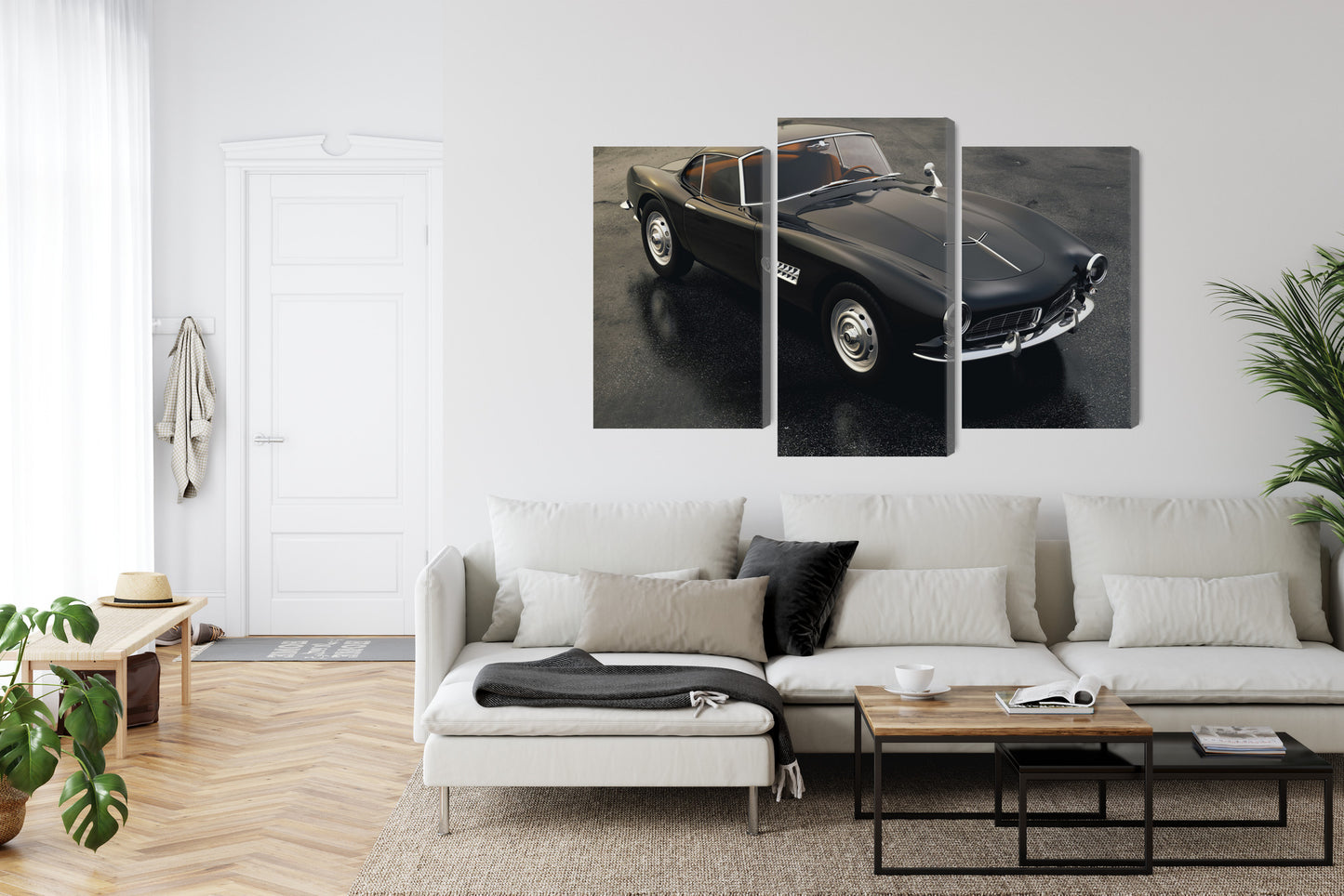 Obraz Wieloczęściowy Czarny Samochód Sportowy – elegancki vintage do wnętrz industrialnych i nowoczesnych – widok 5
