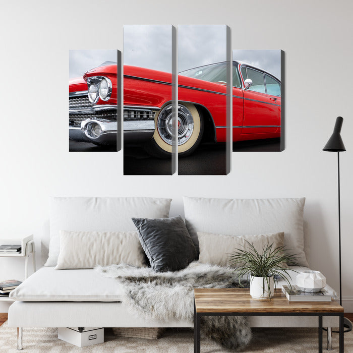 Obraz Wieloczęściowy Czerwony Samochód z Lat 50. – klasyka motoryzacji do wnętrz retro, industrialnych i modern classic – widok 3