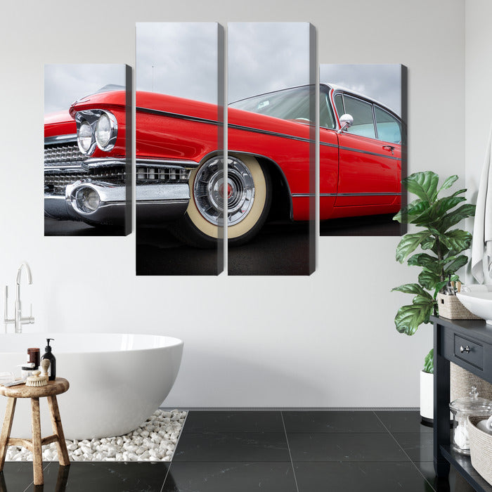 Obraz Wieloczęściowy Czerwony Samochód z Lat 50. – klasyka motoryzacji do wnętrz retro, industrialnych i modern classic – widok 4