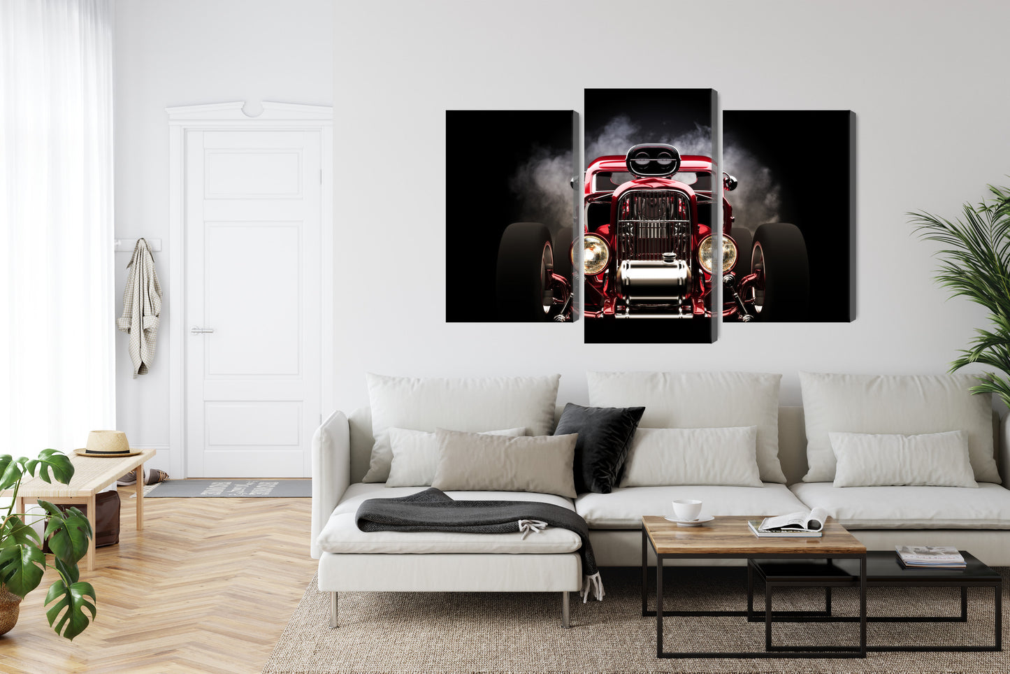 Obraz Wieloczęściowy Hot Rod w Dymie – dynamiczna motoryzacja do wnętrz industrialnych i loftowych – widok 5