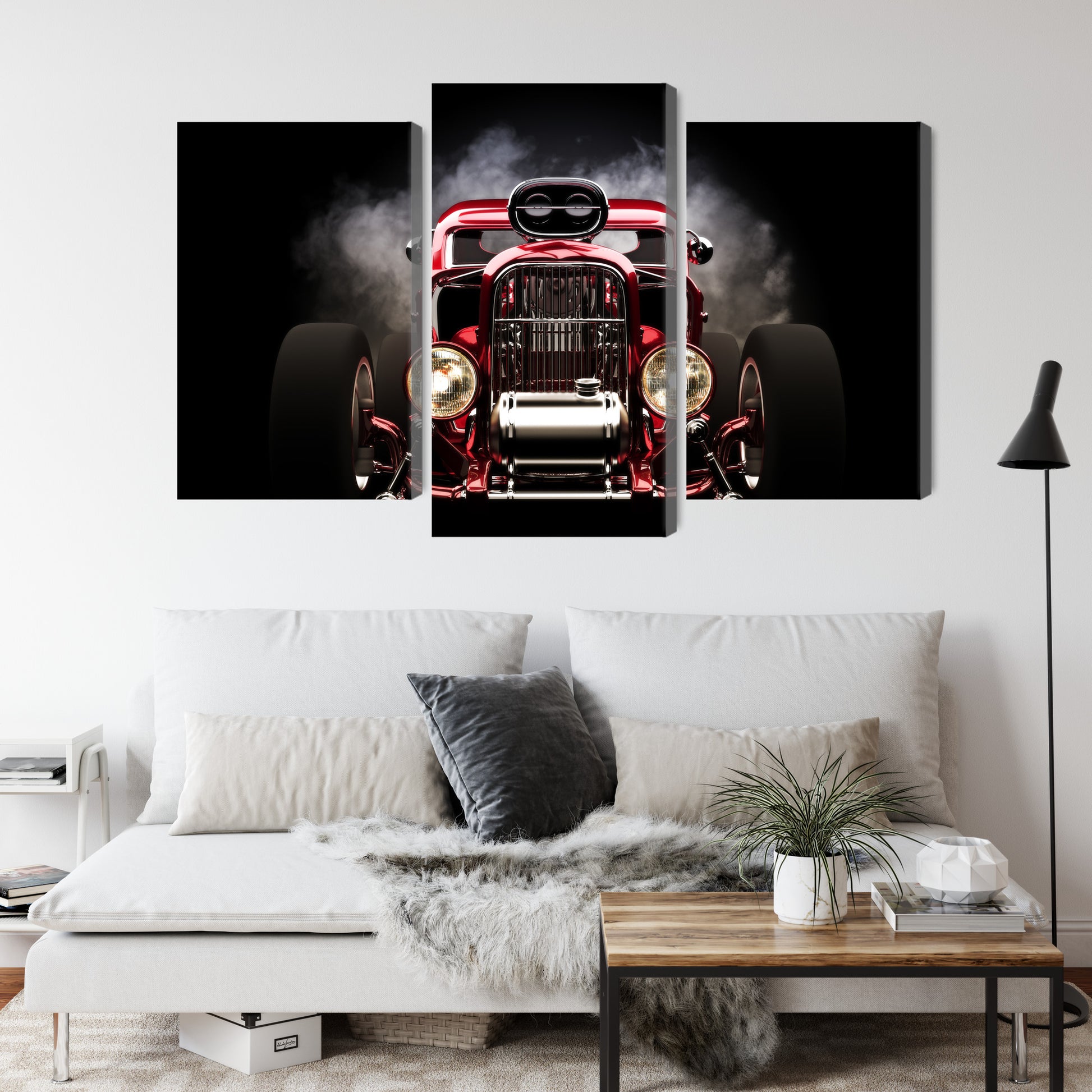Obraz Wieloczęściowy Hot Rod w Dymie – dynamiczna motoryzacja do wnętrz industrialnych i loftowych – widok 3
