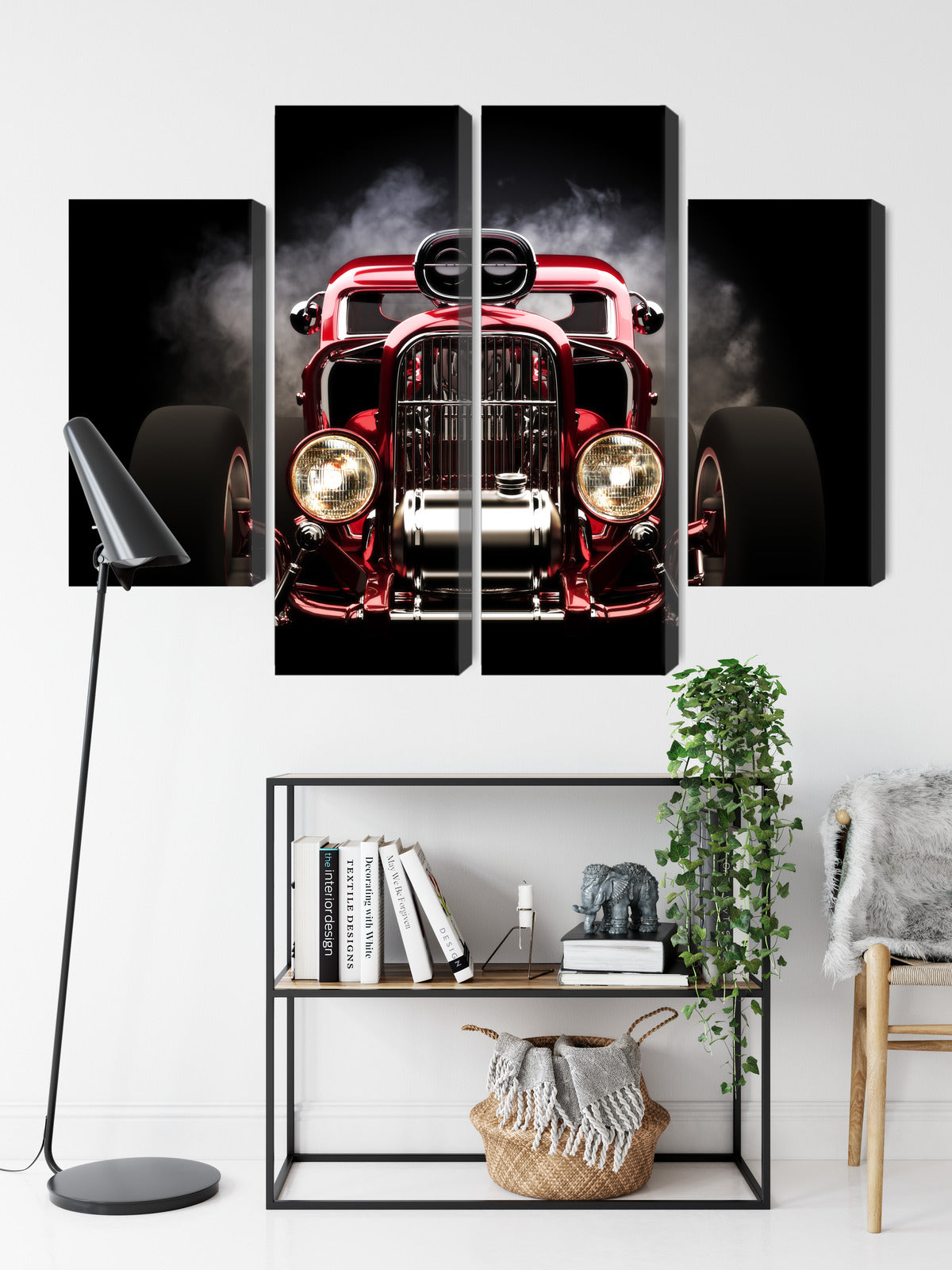 Obraz Wieloczęściowy Samochód Hot Rod na Tle Dymu – dynamiczna kompozycja do wnętrz industrialnych i loftowych – widok 8