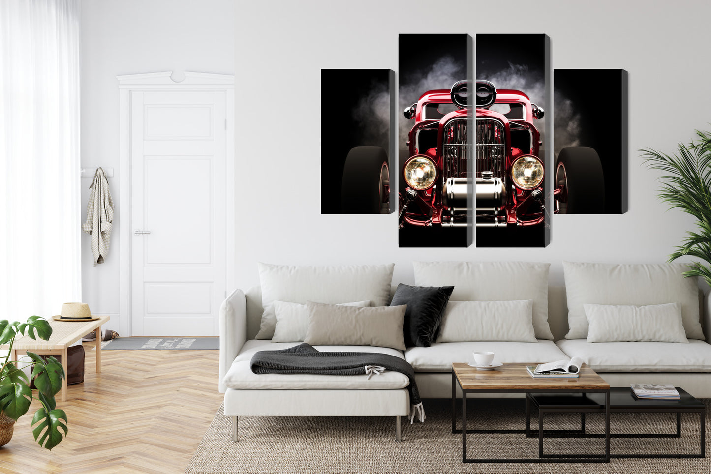 Obraz Wieloczęściowy Samochód Hot Rod na Tle Dymu – dynamiczna kompozycja do wnętrz industrialnych i loftowych – widok 5