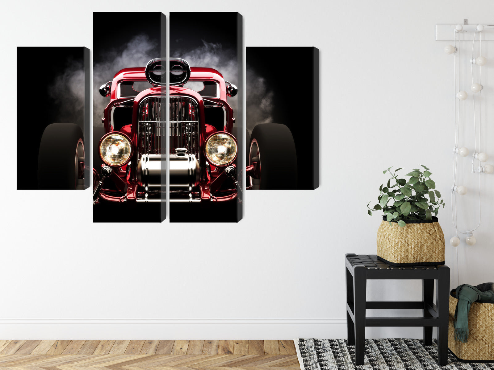 Obraz Wieloczęściowy Samochód Hot Rod na Tle Dymu – dynamiczna kompozycja do wnętrz industrialnych i loftowych – widok 7