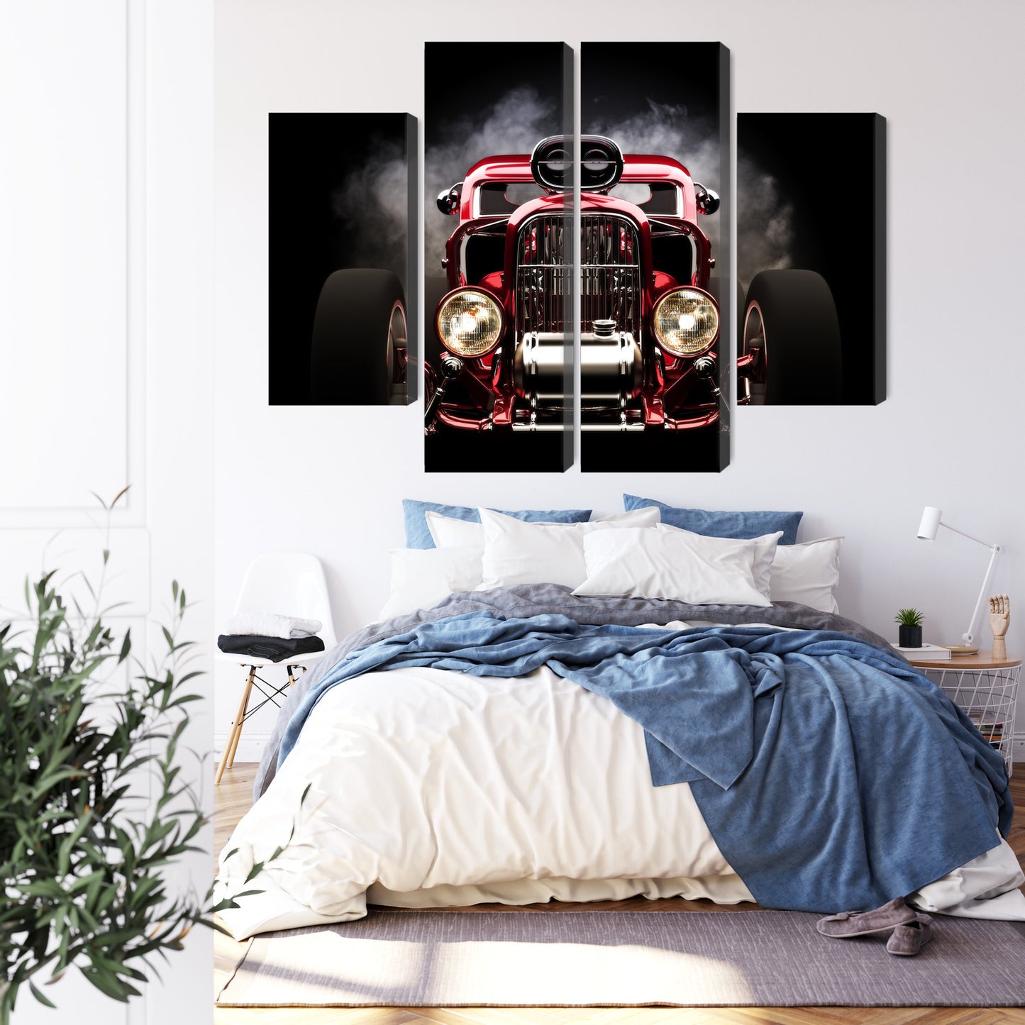 Obraz Wieloczęściowy Samochód Hot Rod na Tle Dymu – dynamiczna kompozycja do wnętrz industrialnych i loftowych – widok 2