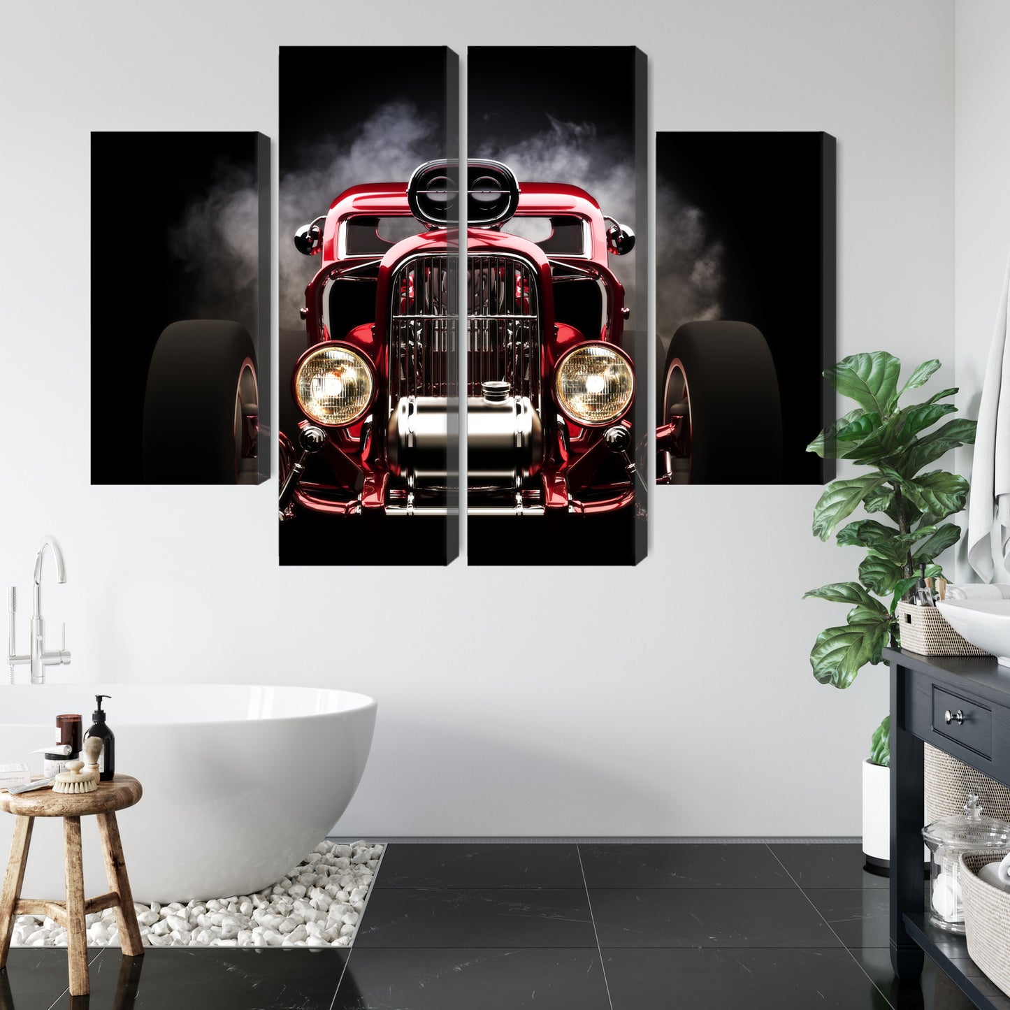 Obraz Wieloczęściowy Samochód Hot Rod na Tle Dymu – dynamiczna kompozycja do wnętrz industrialnych i loftowych – widok 4