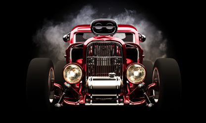 Obraz Wieloczęściowy Samochód Hot Rod na Tle Dymu – dynamiczna kompozycja do wnętrz industrialnych i loftowych 250x150