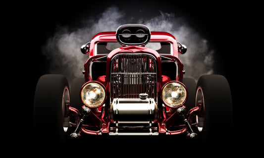 Obraz Wieloczęściowy Samochód Hot Rod na Tle Dymu – dynamiczna kompozycja do wnętrz industrialnych i loftowych 250x150