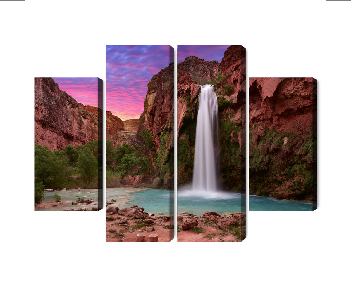 Obraz Wieloczęściowy Wodospady Havasupai – natura i ruch do wnętrz boho i eko – 4 części (80x60–200x150 cm) – układ paneli