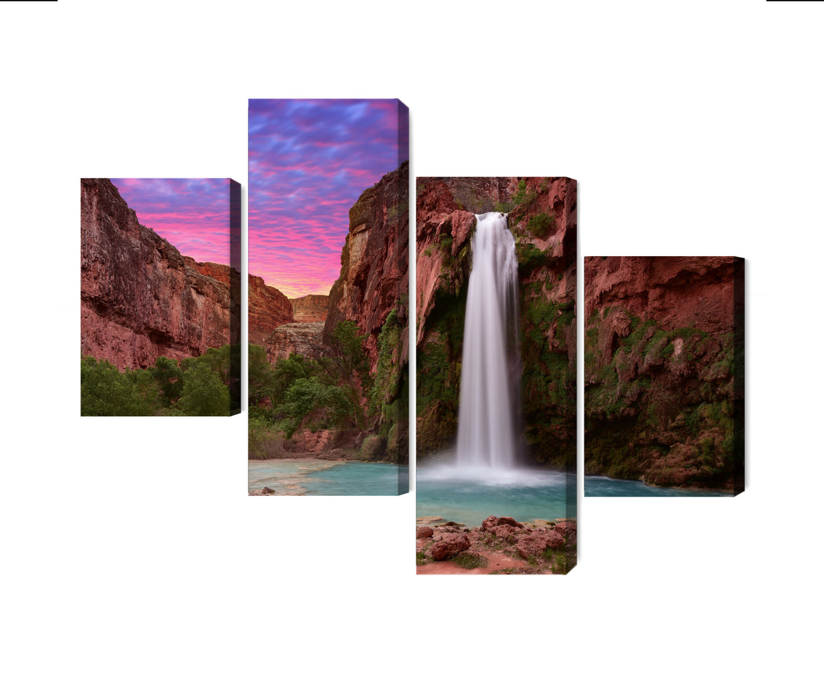 Obraz Wieloczęściowy Wodospady Havasupai – natura i ruch do wnętrz boho i eko – 4 części (80x50–240x150 cm) – układ paneli